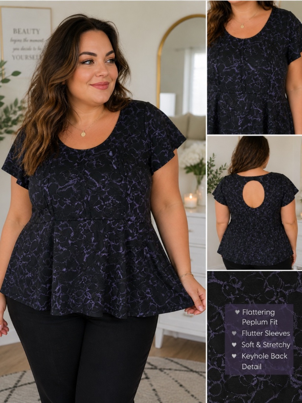 Torrid Black Purple Floral Blouse 3X Peplum Flutter Sleeve Keyhole Back Top